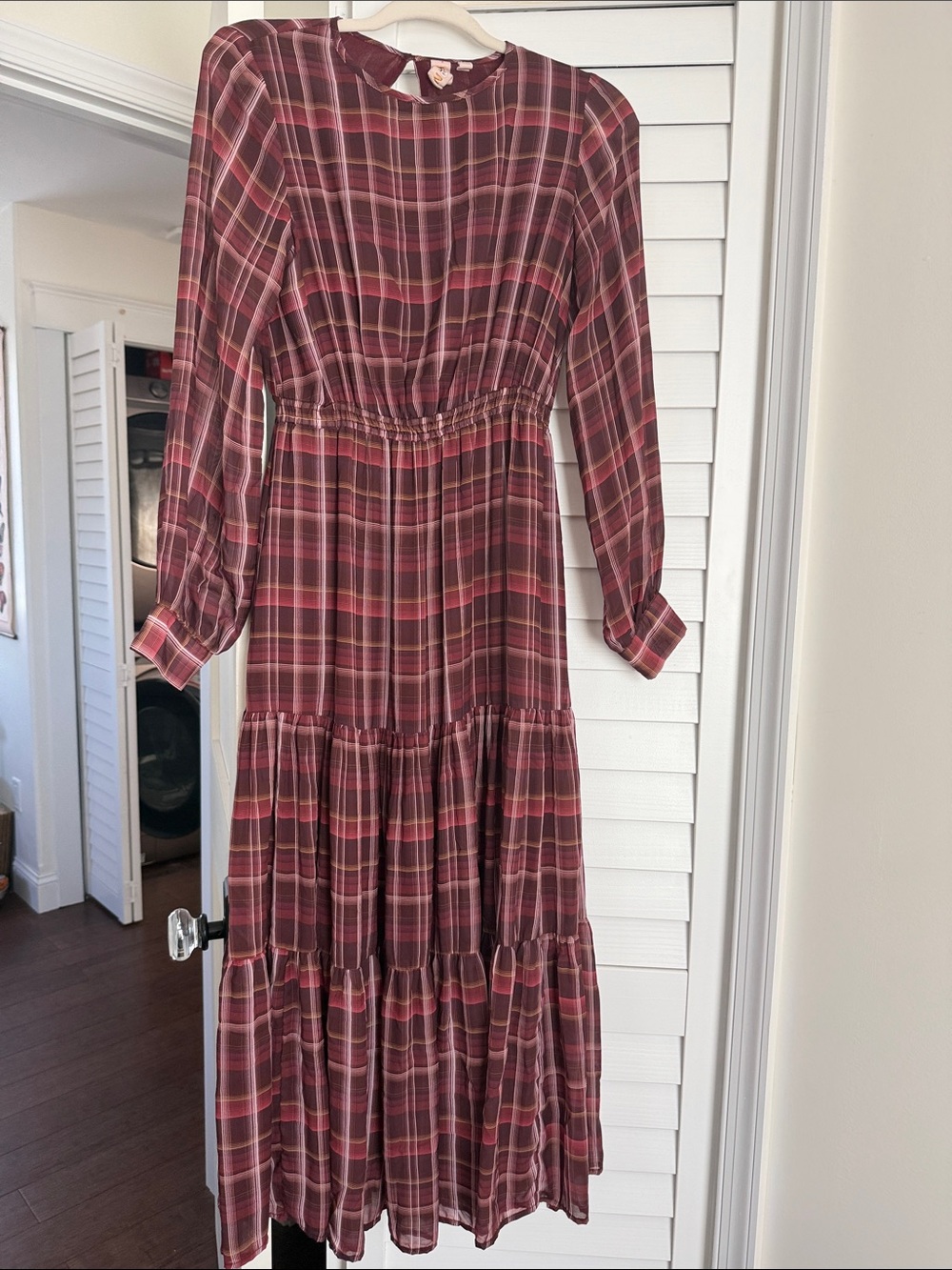 dolan Burgundy and Pink Plaid Tiered Long-Sleeve Maxi Dress
